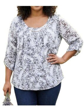 Sara Michelle Plus Gray Snakeskin Print Blouse Roll Tab 3/4 Sleeves Sheen